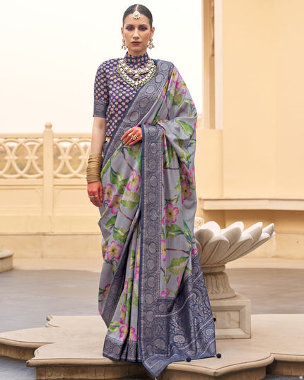 Ash Grey Silk Floral Printed Saree for Festival
