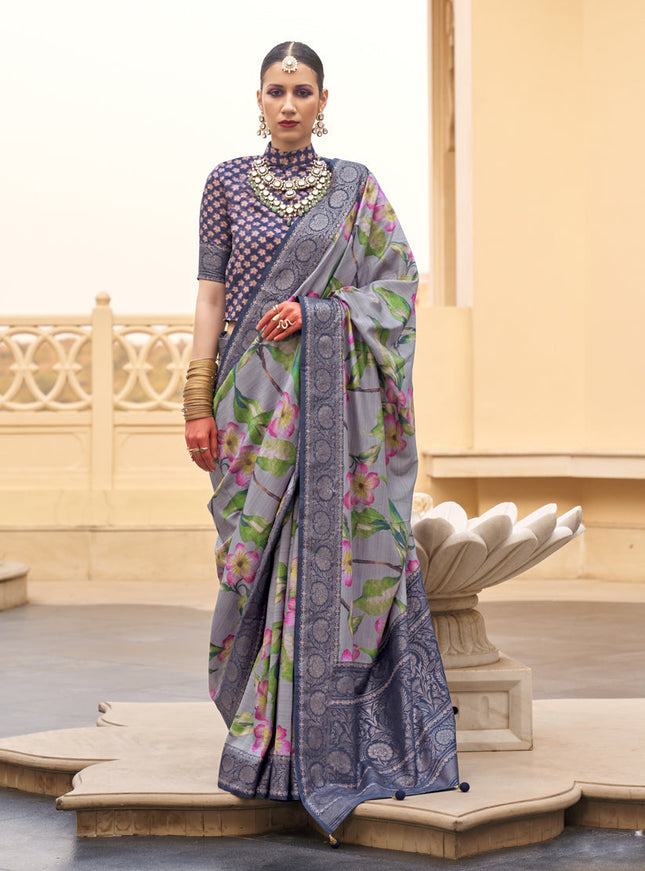 Ash Grey Silk Floral Printed Saree for Festival