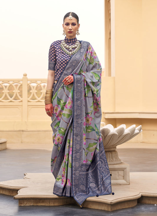 Ash Grey Silk Floral Printed Saree for Festival