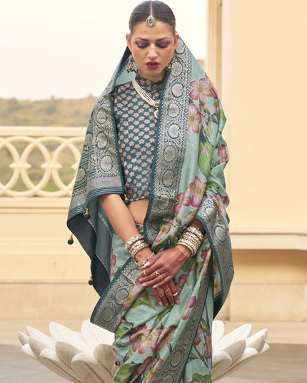Sage Green Silk Floral Printed Saree for Festival