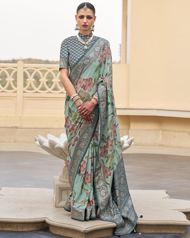 Sage Green Silk Floral Printed Saree for Festival
