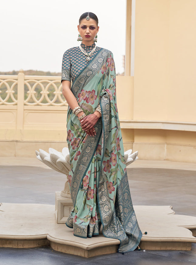Sage Green Silk Floral Printed Saree for Festival