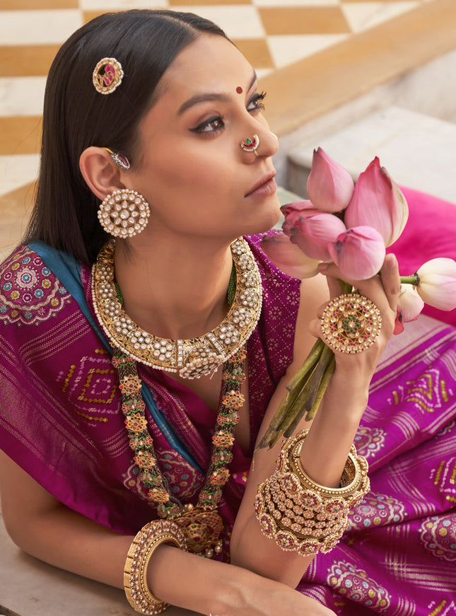 Azure Blue Silk Patola Print Design Saree