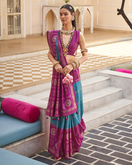 Azure Blue Silk Patola Print Design Saree