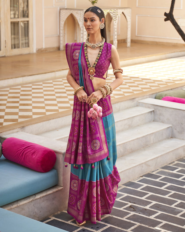 Azure Blue Silk Patola Print Design Saree