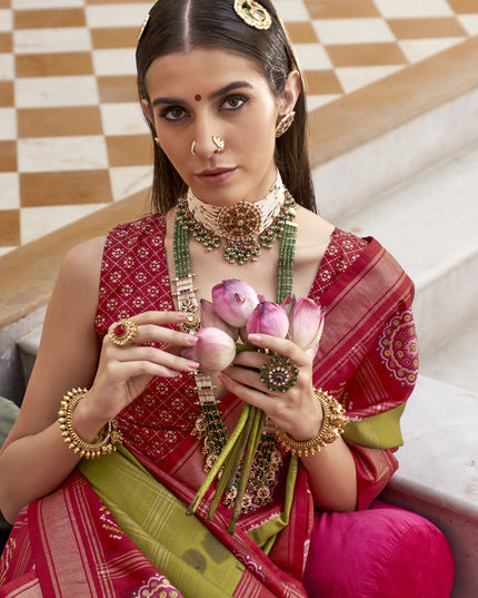 Olive Green Silk Patola Print Design Saree