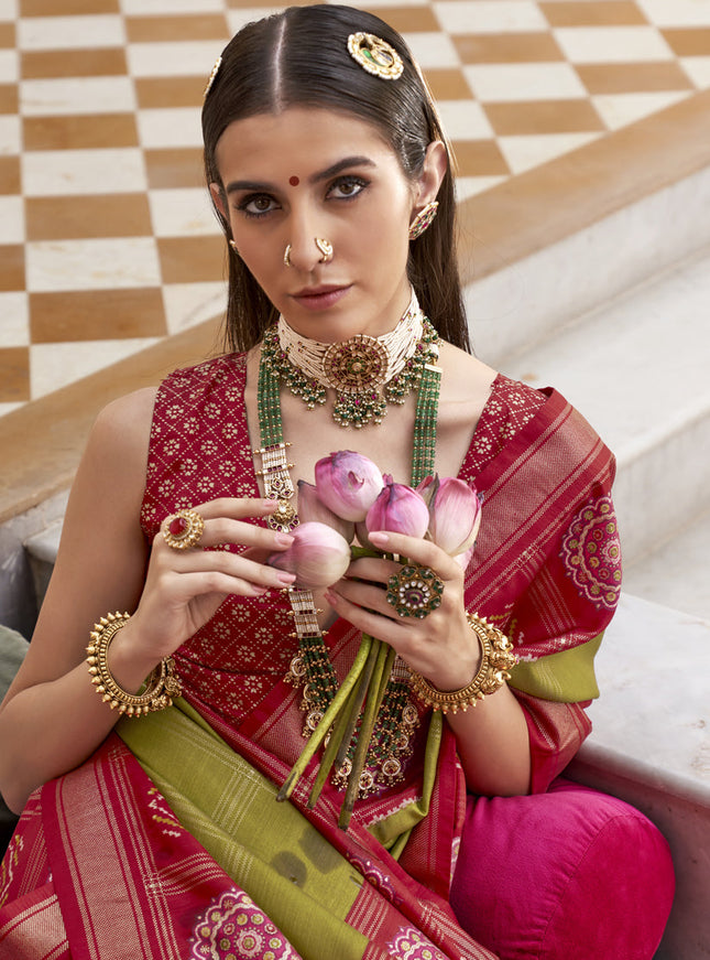 Olive Green Silk Patola Print Design Saree