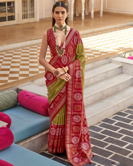 Olive Green Silk Patola Print Design Saree