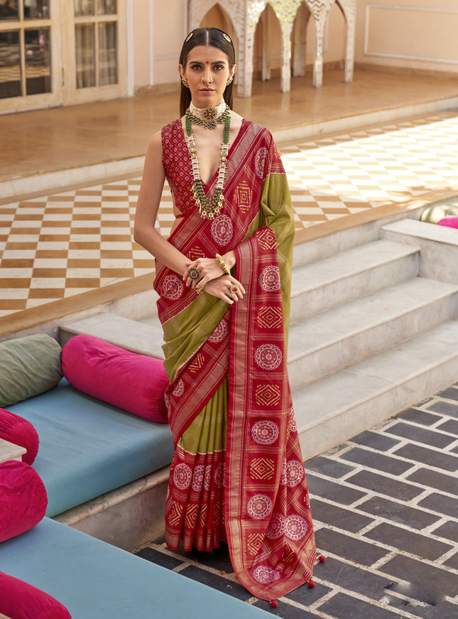 Olive Green Silk Patola Print Design Saree