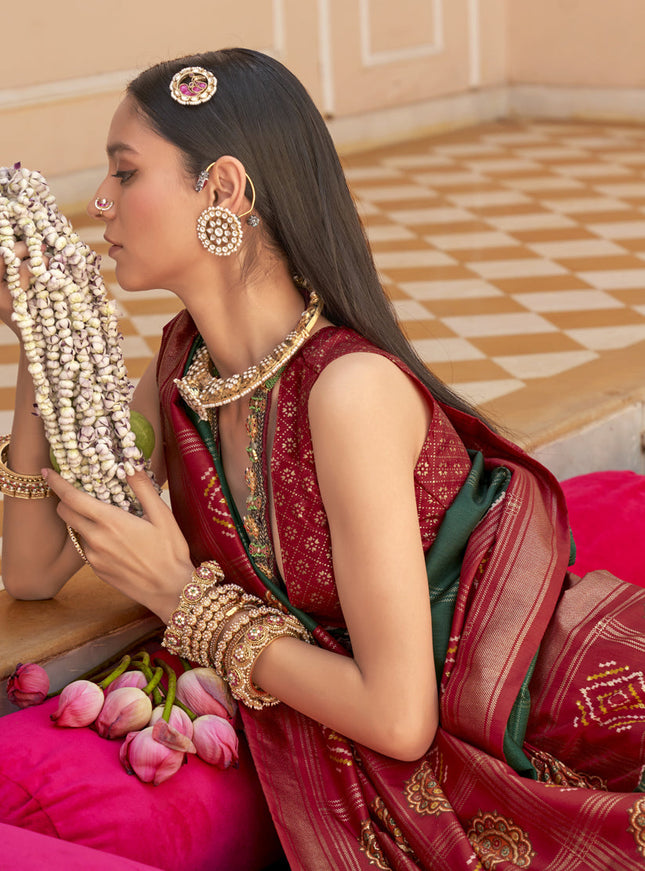 Pine Green Silk Patola Print Design Saree