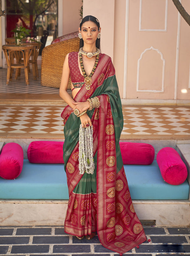 Pine Green Silk Patola Print Design Saree