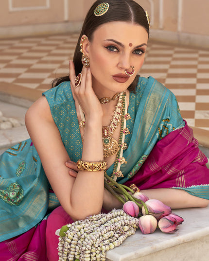 Raspberry Pink Silk Patola Print Design Saree