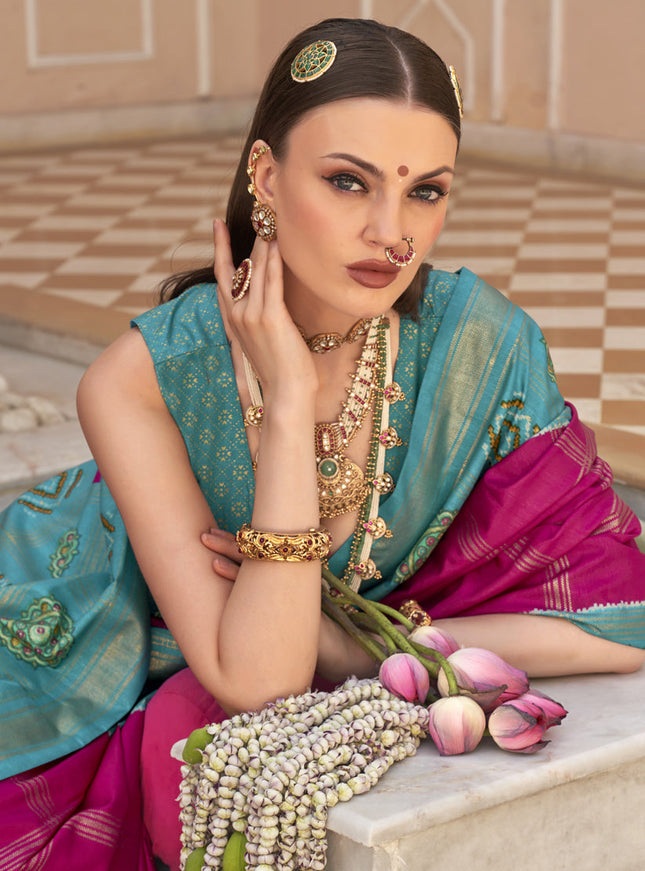 Raspberry Pink Silk Patola Print Design Saree