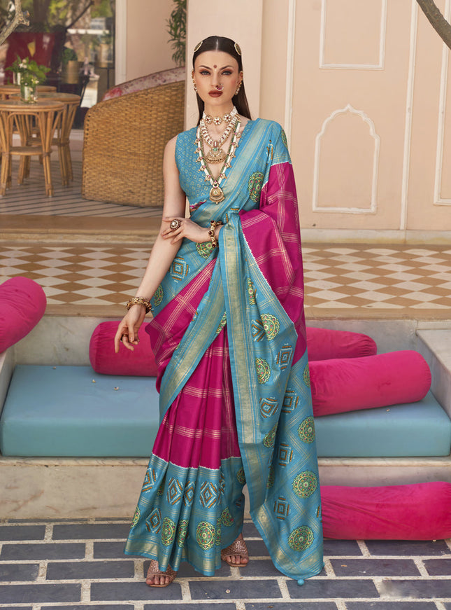 Raspberry Pink Silk Patola Print Design Saree