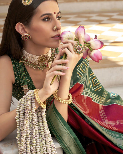 Cherry Red Silk Patola Print Design Saree