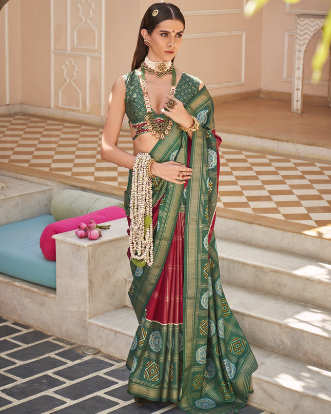 Cherry Red Silk Patola Print Design Saree