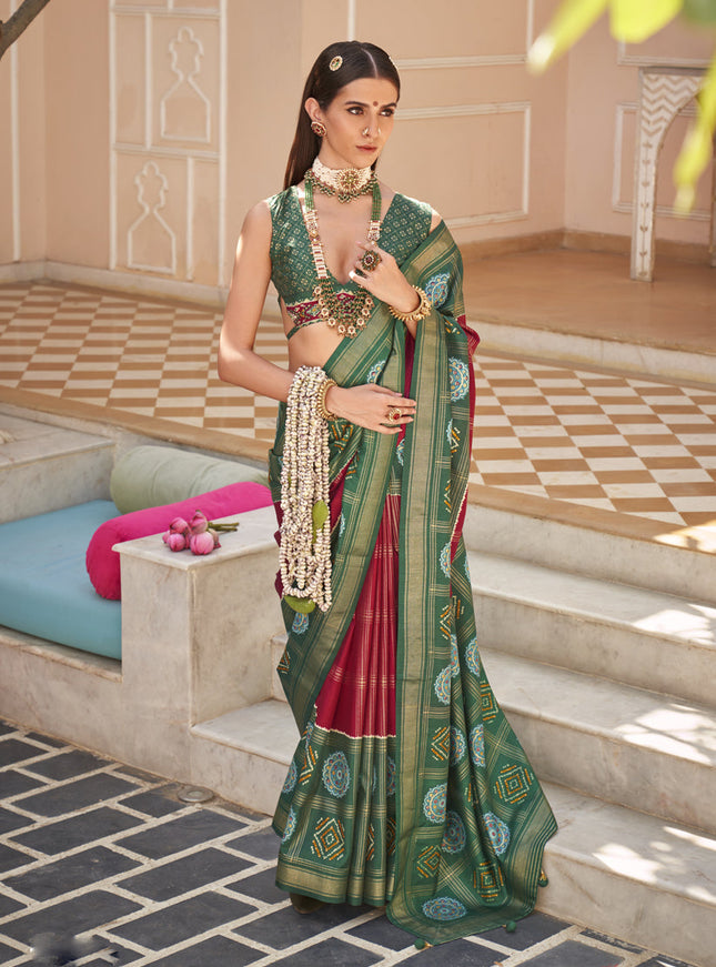 Cherry Red Silk Patola Print Design Saree