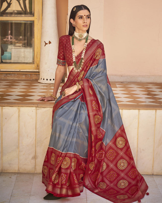 Graphite Grey Silk Patola Print Design Saree