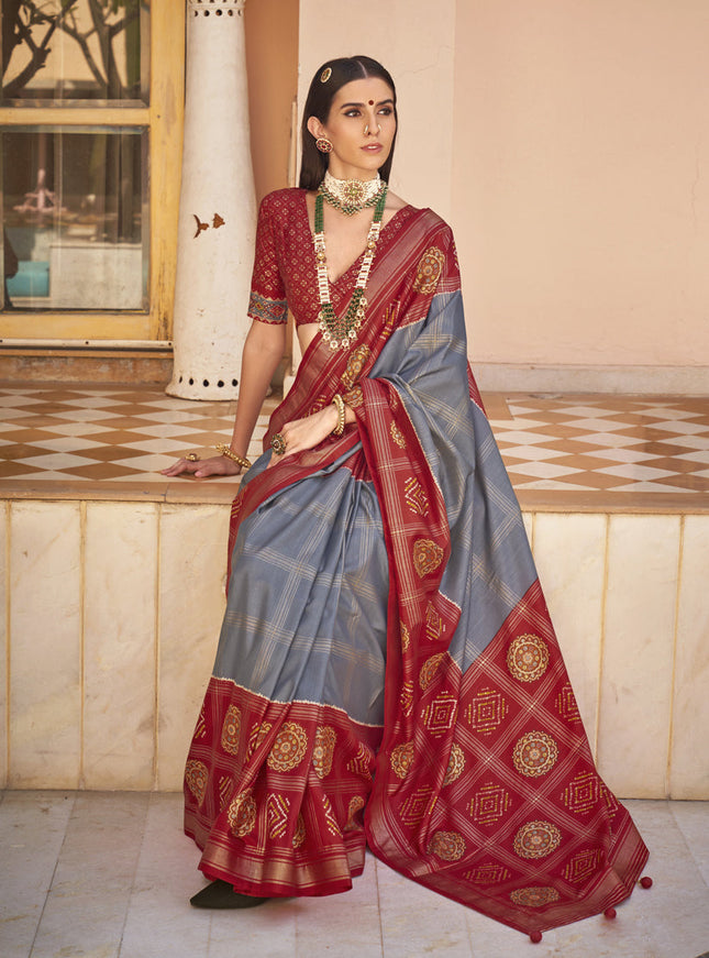 Graphite Grey Silk Patola Print Design Saree