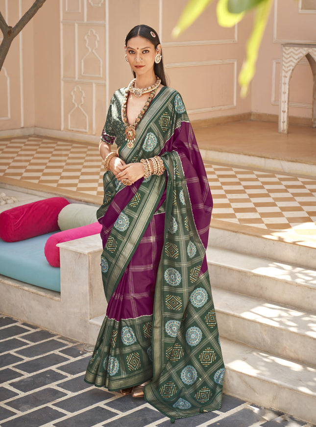 Wine Silk Patola Print Design Saree