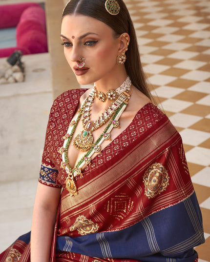 Navy Blue Silk Patola Print Design Saree