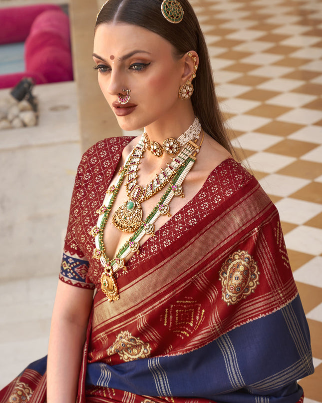 Navy Blue Silk Patola Print Design Saree