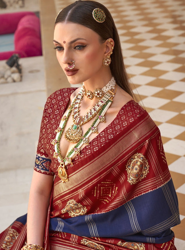 Navy Blue Silk Patola Print Design Saree