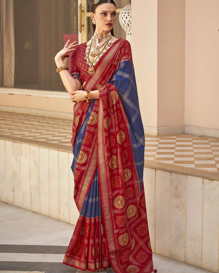 Navy Blue Silk Patola Print Design Saree