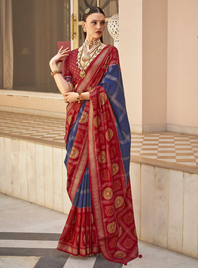 Navy Blue Silk Patola Print Design Saree