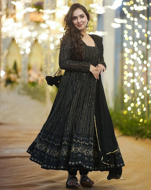 Black Faux Georgette Embroidered Gown with Dupatta