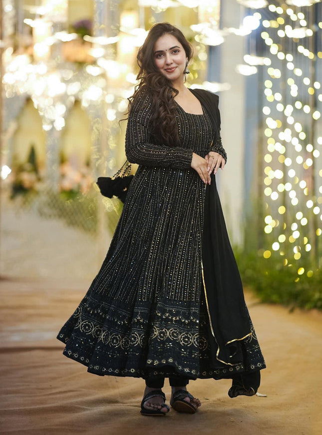 Black Faux Georgette Embroidered Gown with Dupatta