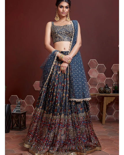 Astonishing Midnight Blue Chinnon Silk Embroidered Wedding Lehenga Choli