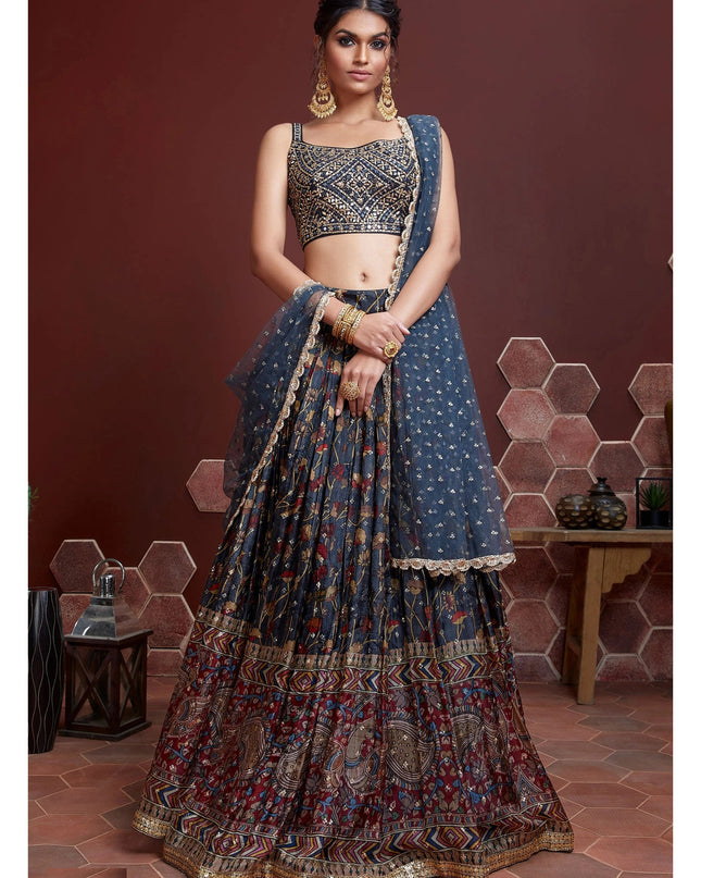 Astonishing Midnight Blue Chinnon Silk Embroidered Wedding Lehenga Choli