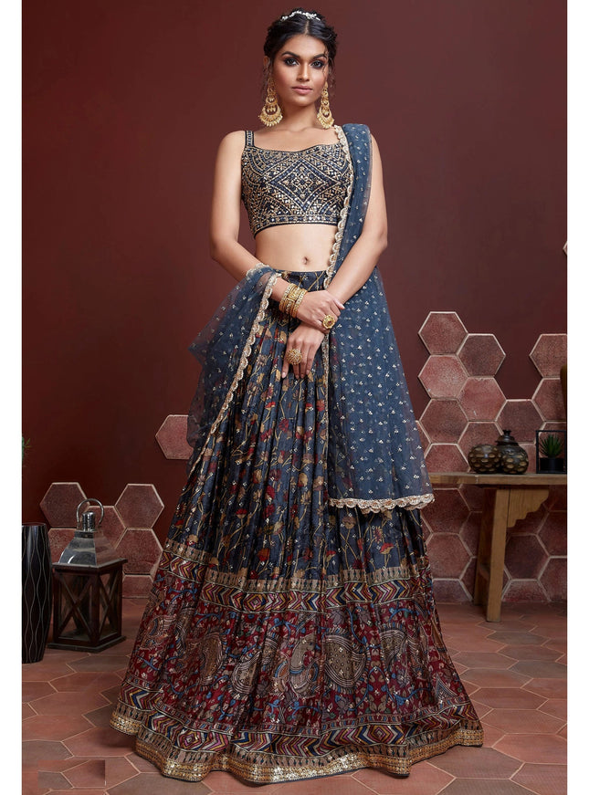 Astonishing Midnight Blue Chinnon Silk Embroidered Wedding Lehenga Choli