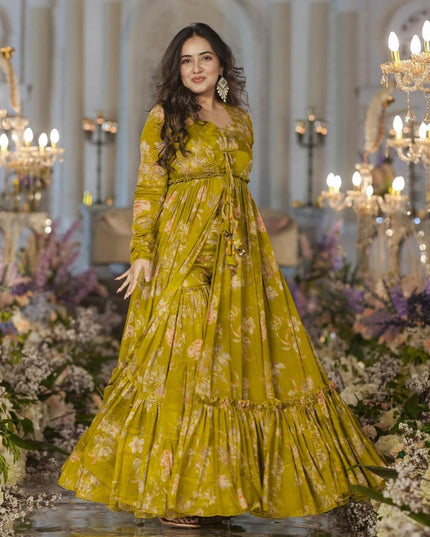 Olive Green Chinnon Printed Plus Size IndoWestern