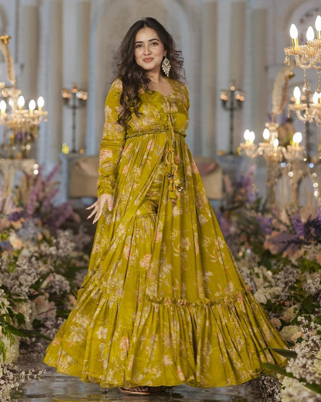 Olive Green Chinnon Printed Plus Size IndoWestern