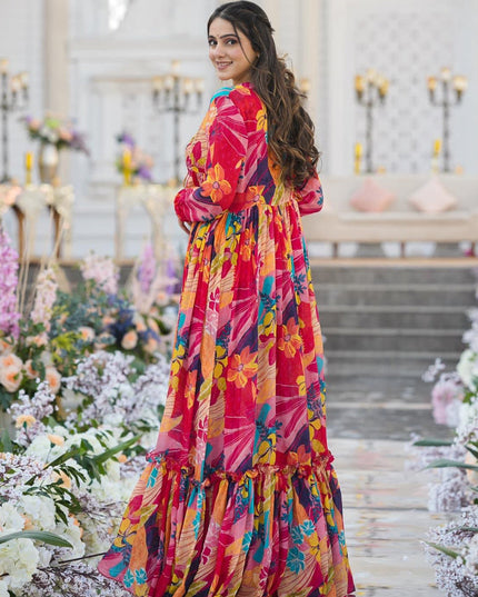 Multicolor Chinnon Printed Plus Size IndoWestern