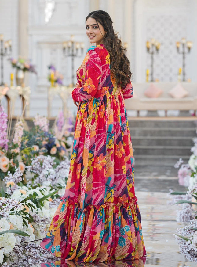 Multicolor Chinnon Printed Plus Size IndoWestern