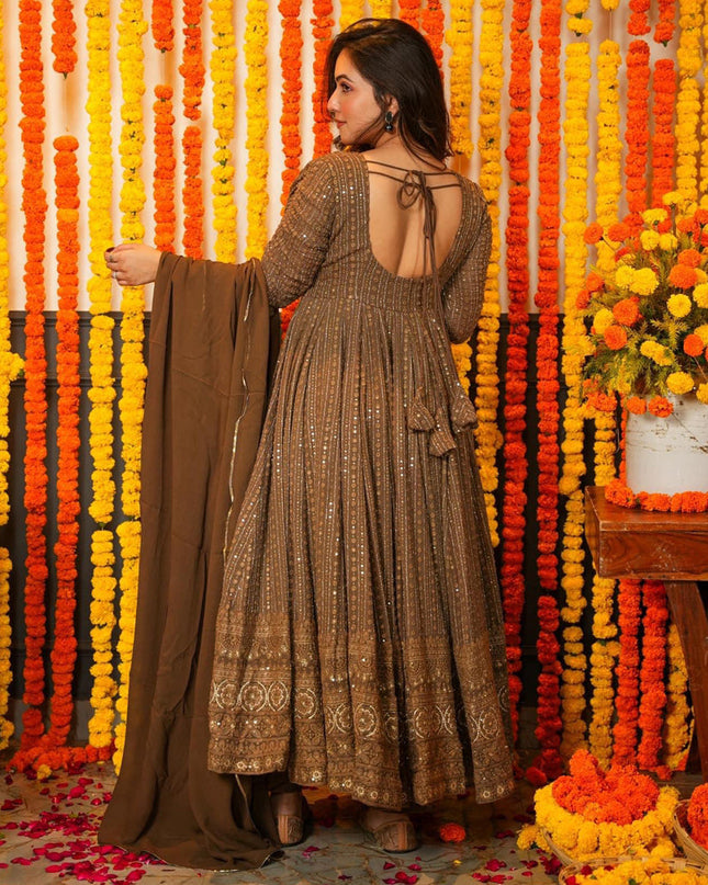 Brown Faux Georgette Embroidered Gown with Dupatta