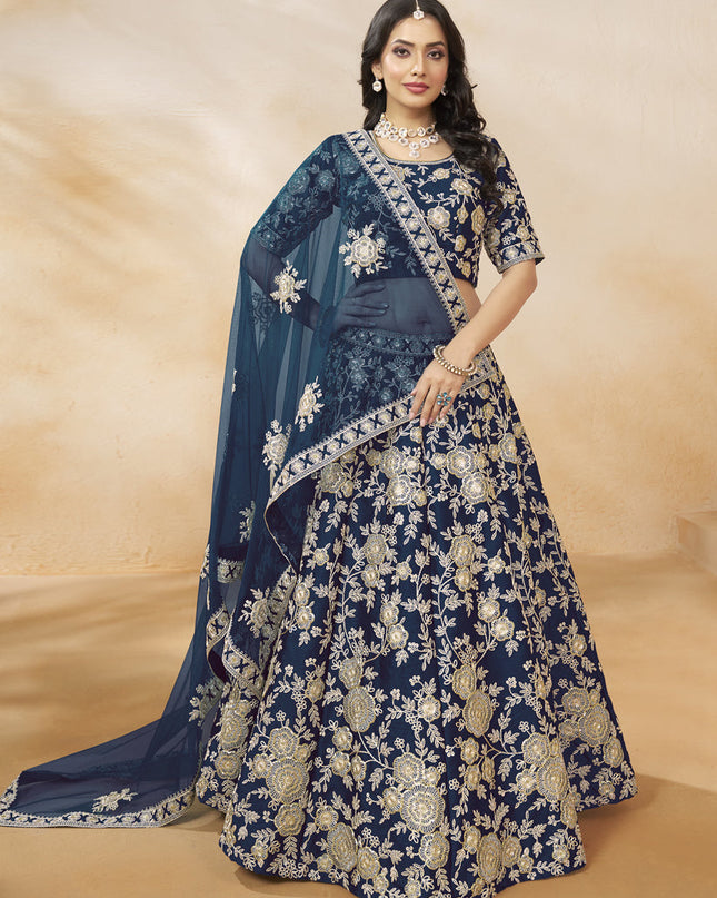 Navy Blue Art Silk Embroidered Wedding Lehenga Choli