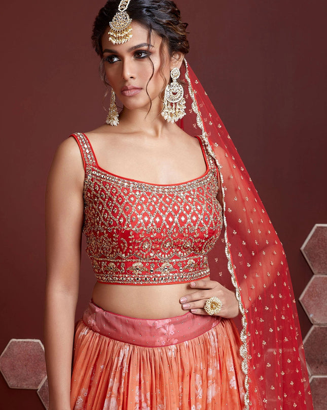 Wonderful Orange Tebby Silk Embroidered Wedding Lehenga Choli