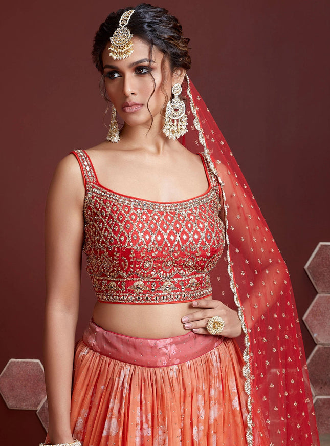 Wonderful Orange Tebby Silk Embroidered Wedding Lehenga Choli
