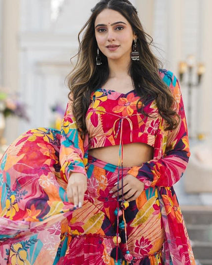 Multicolor Chinnon Printed Plus Size IndoWestern