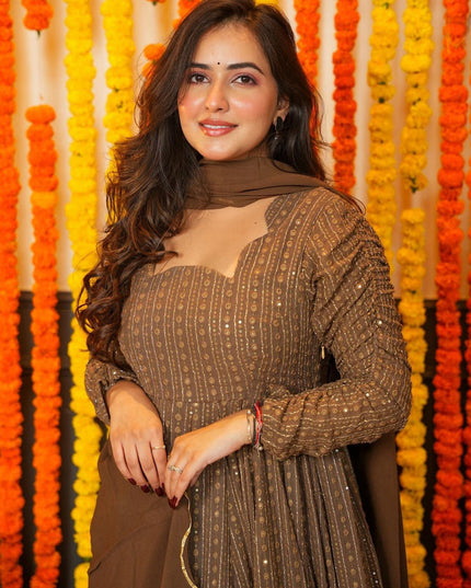 Brown Faux Georgette Embroidered Gown with Dupatta