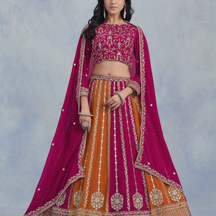 magenta and tangerine faux georgette embroidered lehenga choli