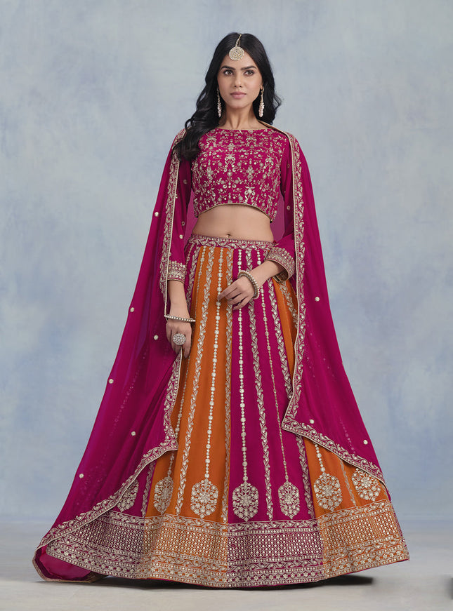 magenta and tangerine faux georgette embroidered lehenga choli