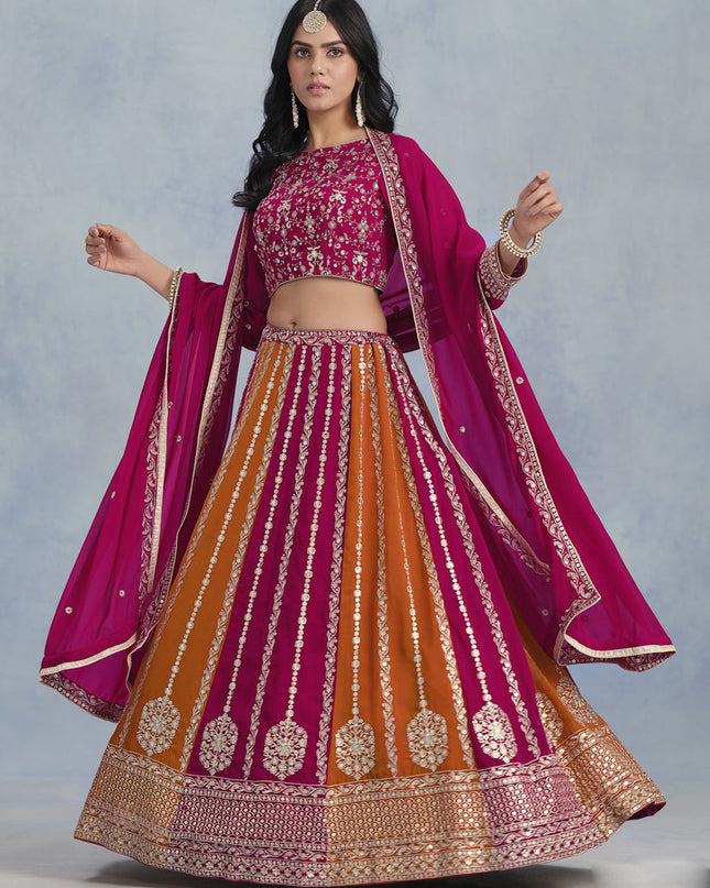 magenta and tangerine faux georgette embroidered lehenga choli