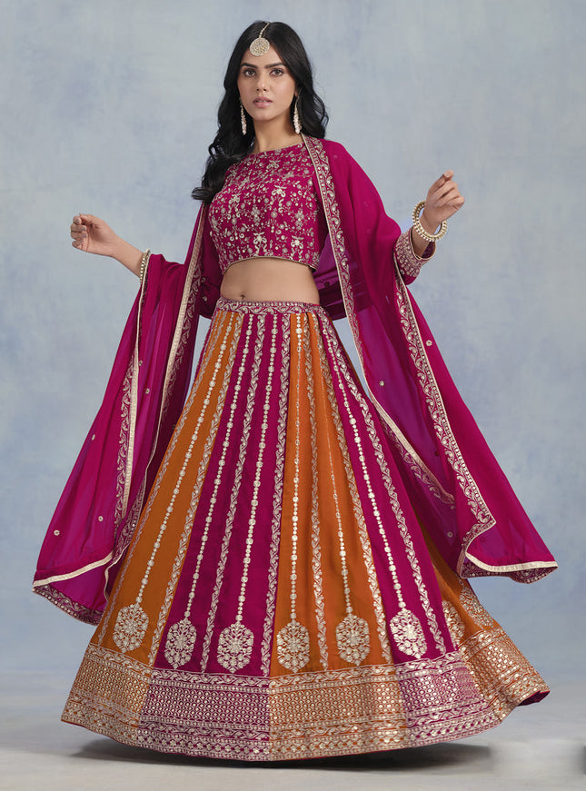 magenta and tangerine faux georgette embroidered lehenga choli