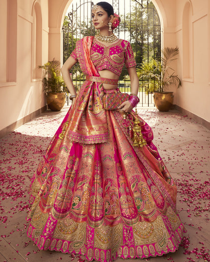 Exquisite Rose Gold and Rani Pink Banarasi Silk Handwork Bridal Lehenga Choli Set