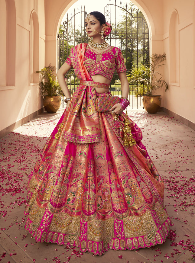 Exquisite Rose Gold and Rani Pink Banarasi Silk Handwork Bridal Lehenga Choli Set